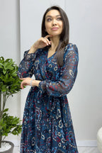 Kadın Petrol Mavisi Şal Desen Kruvaze Yaka Şifon Elbise

