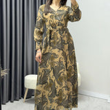 Kadın Gold Şal Desen Kruvaze Yaka Şifon Elbise