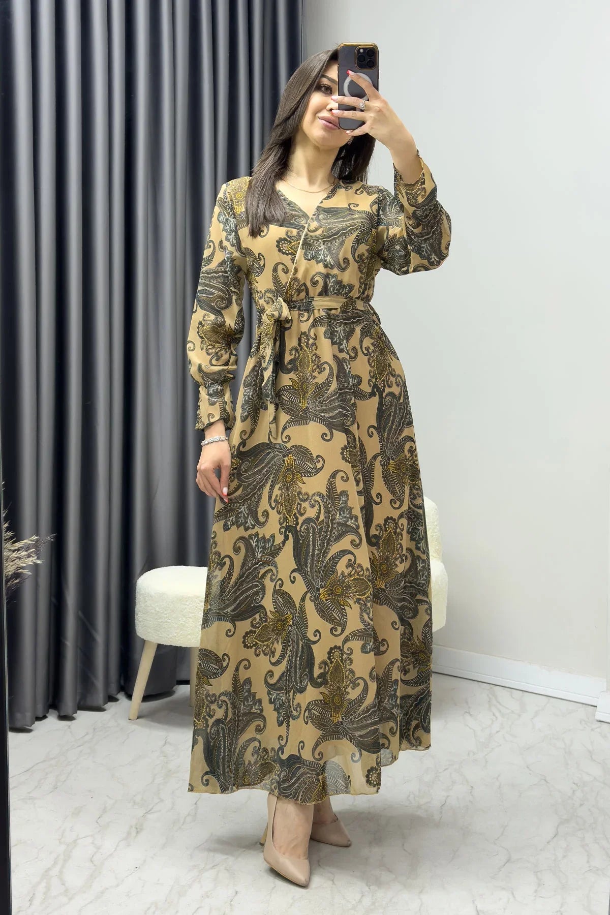 Kadın Gold Şal Desen Kruvaze Yaka Şifon Elbise

