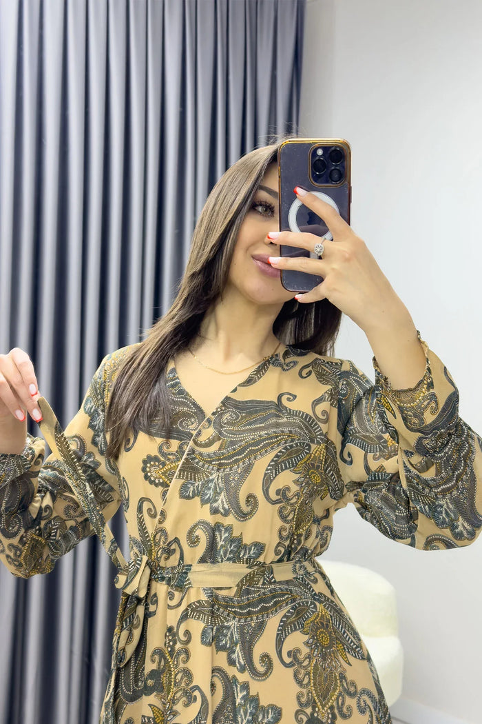 Kadın Gold Şal Desen Kruvaze Yaka Şifon Elbise

