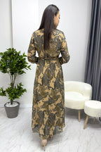 Kadın Gold Şal Desen Kruvaze Yaka Şifon Elbise

