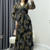 Etnik Şal Desenli Kruvaze Yaka Şifon Büyük Beden Elbise