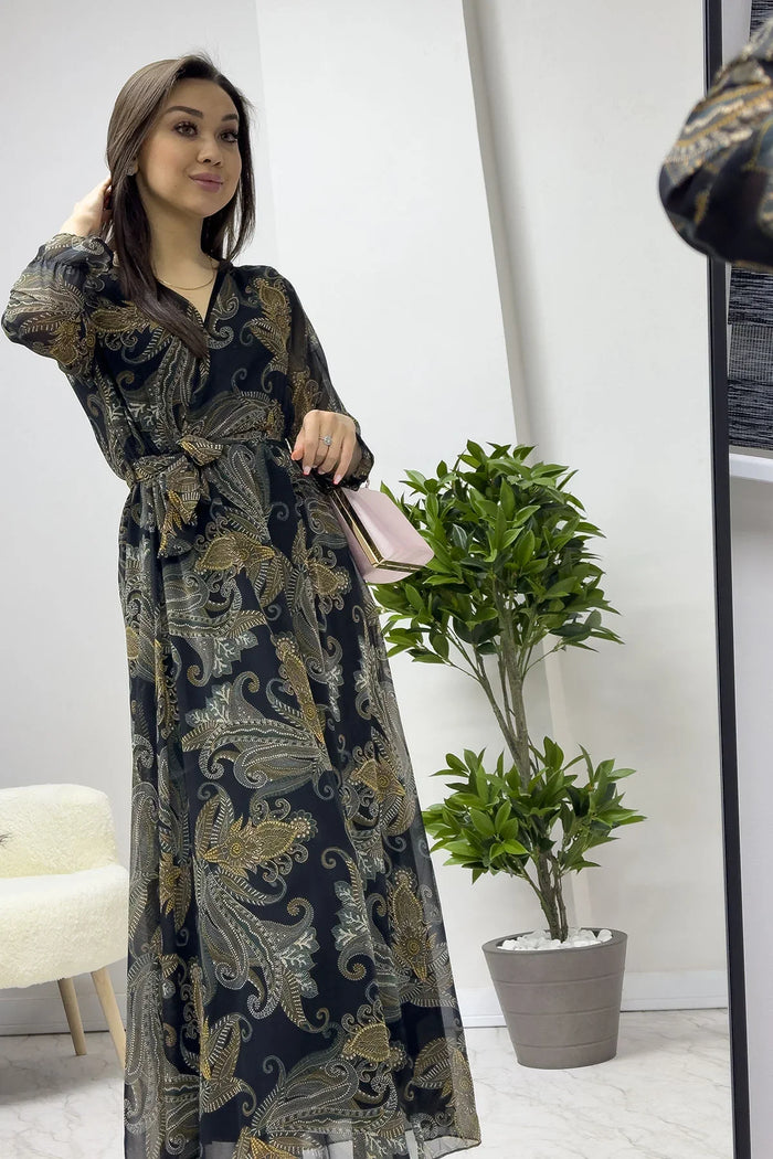 Etnik Şal Desenli Kruvaze Yaka Şifon Büyük Beden Elbise

