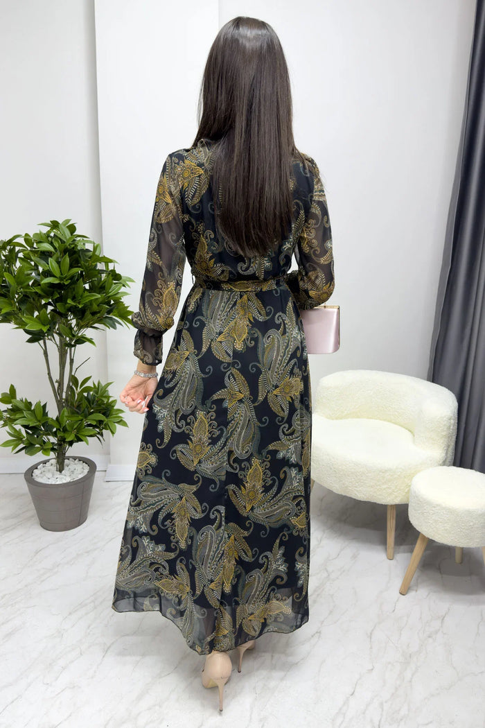 Etnik Şal Desenli Kruvaze Yaka Şifon Büyük Beden Elbise

