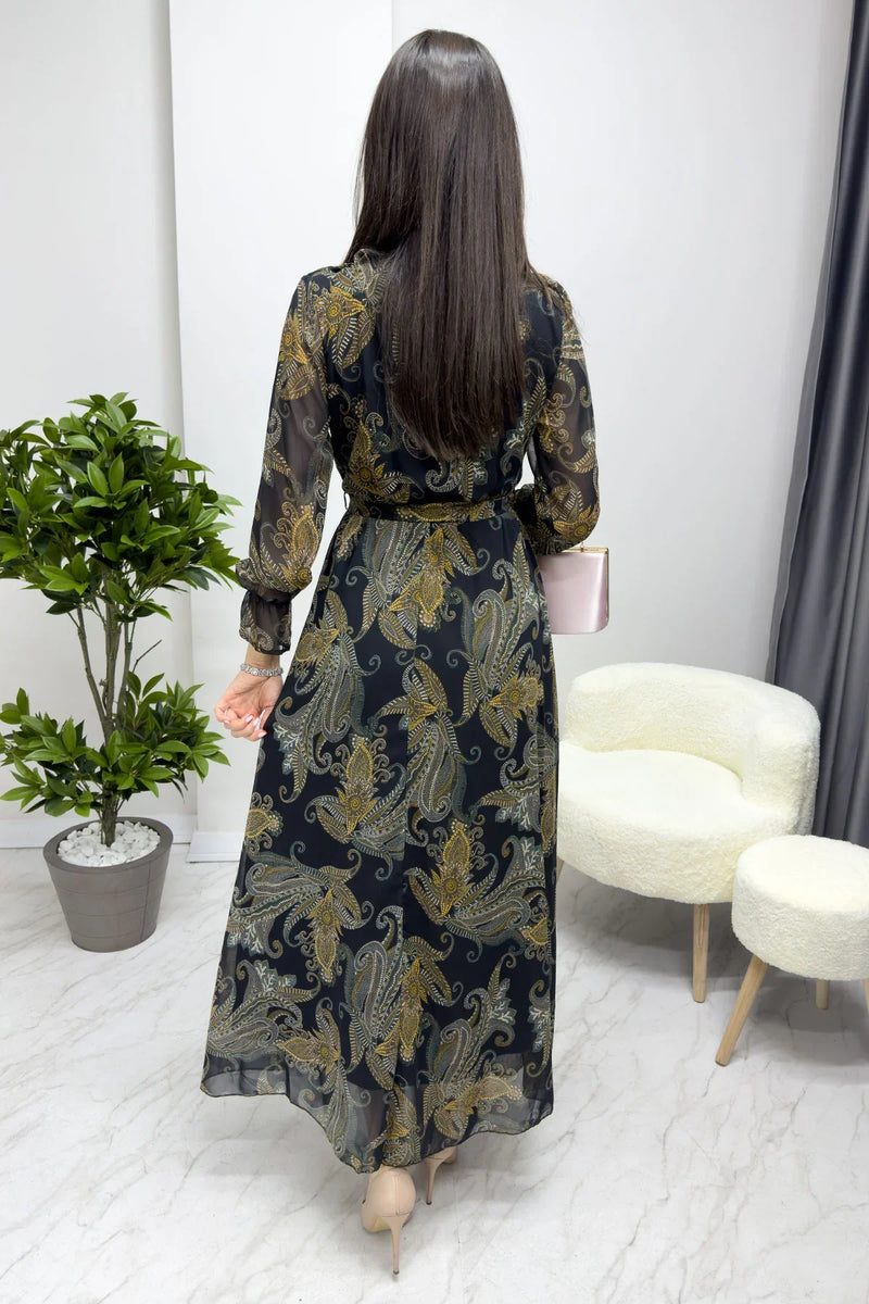 Etnik Şal Desenli Kruvaze Yaka Şifon Büyük Beden Elbise

