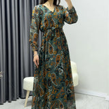 Kadın Yeşil Şal Desen Kruvaze Yaka Şifon Elbise