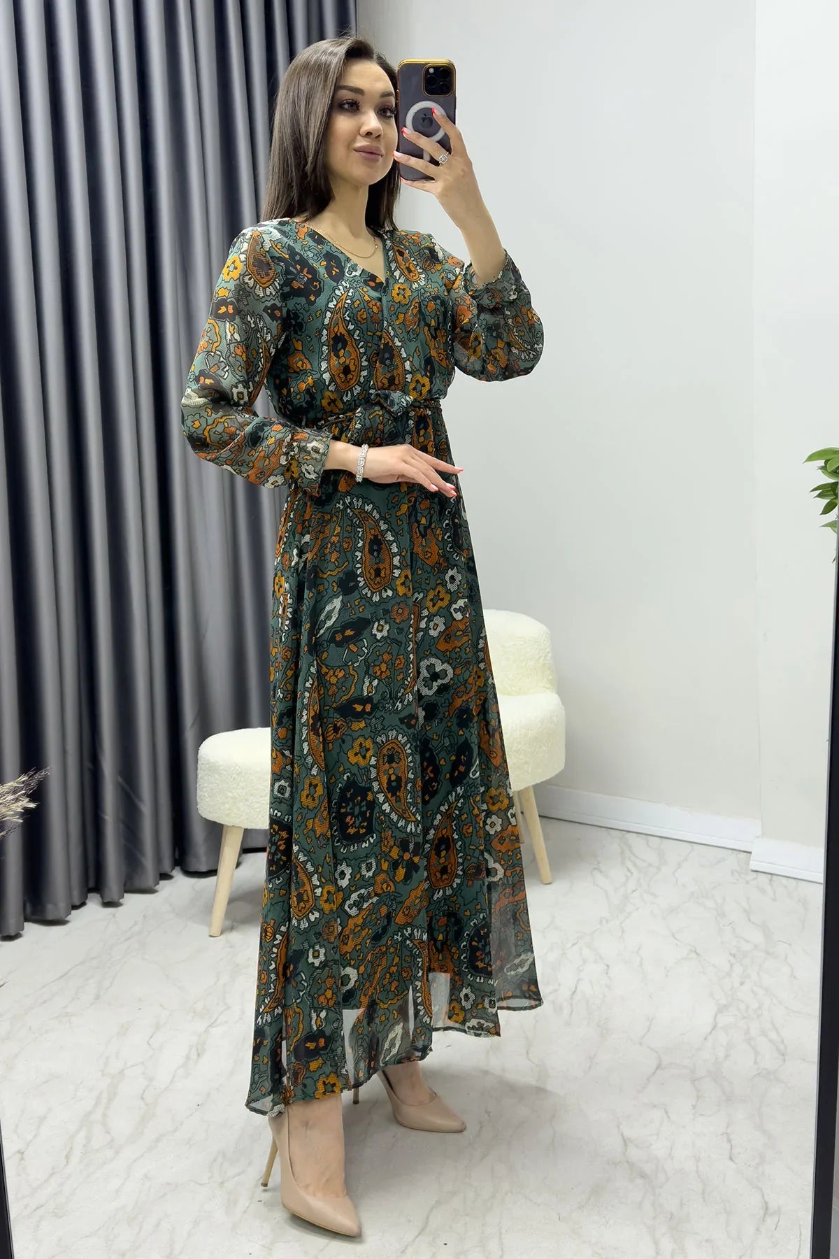 Kadın Yeşil Şal Desen Kruvaze Yaka Şifon Elbise

