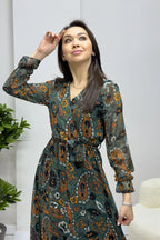 Kadın Yeşil Şal Desen Kruvaze Yaka Şifon Elbise

