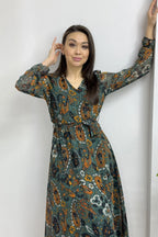 Kadın Yeşil Şal Desen Kruvaze Yaka Şifon Elbise

