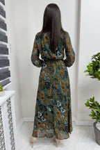 Kadın Yeşil Şal Desen Kruvaze Yaka Şifon Elbise

