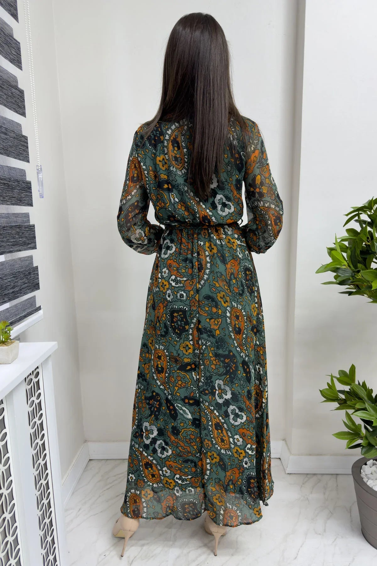 Kadın Yeşil Şal Desen Kruvaze Yaka Şifon Elbise

