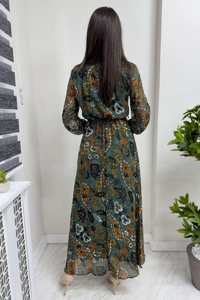 Kadın Yeşil Şal Desen Kruvaze Yaka Şifon Elbise

