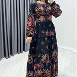 Siyah Etnik Desen Balon Kol Elbise