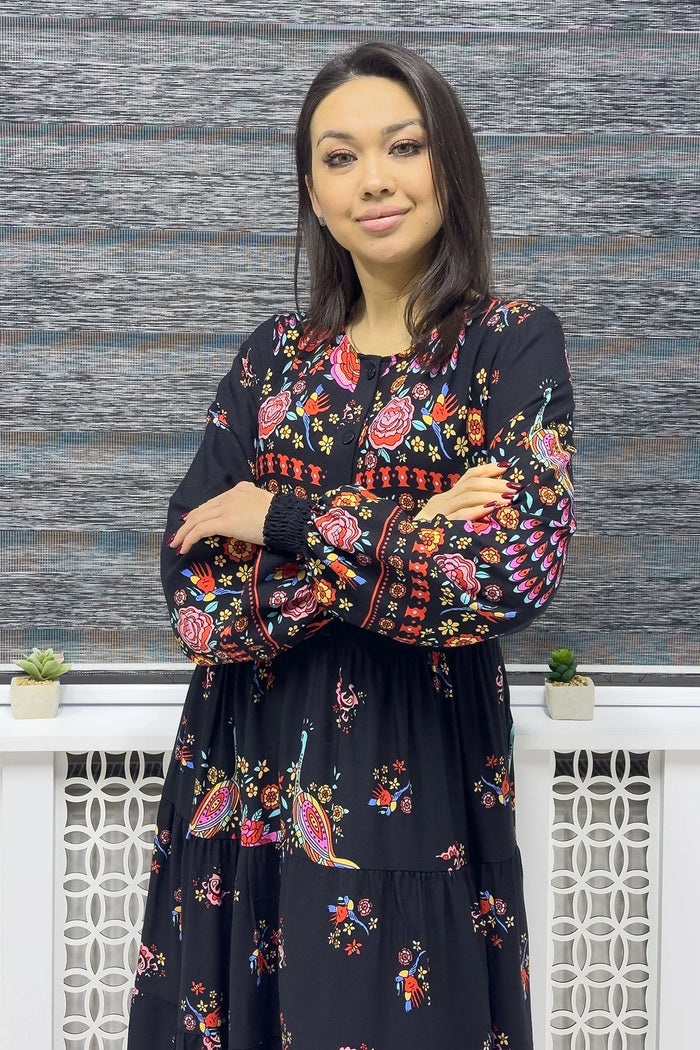 Siyah Etnik Desen Balon Kol Elbise

