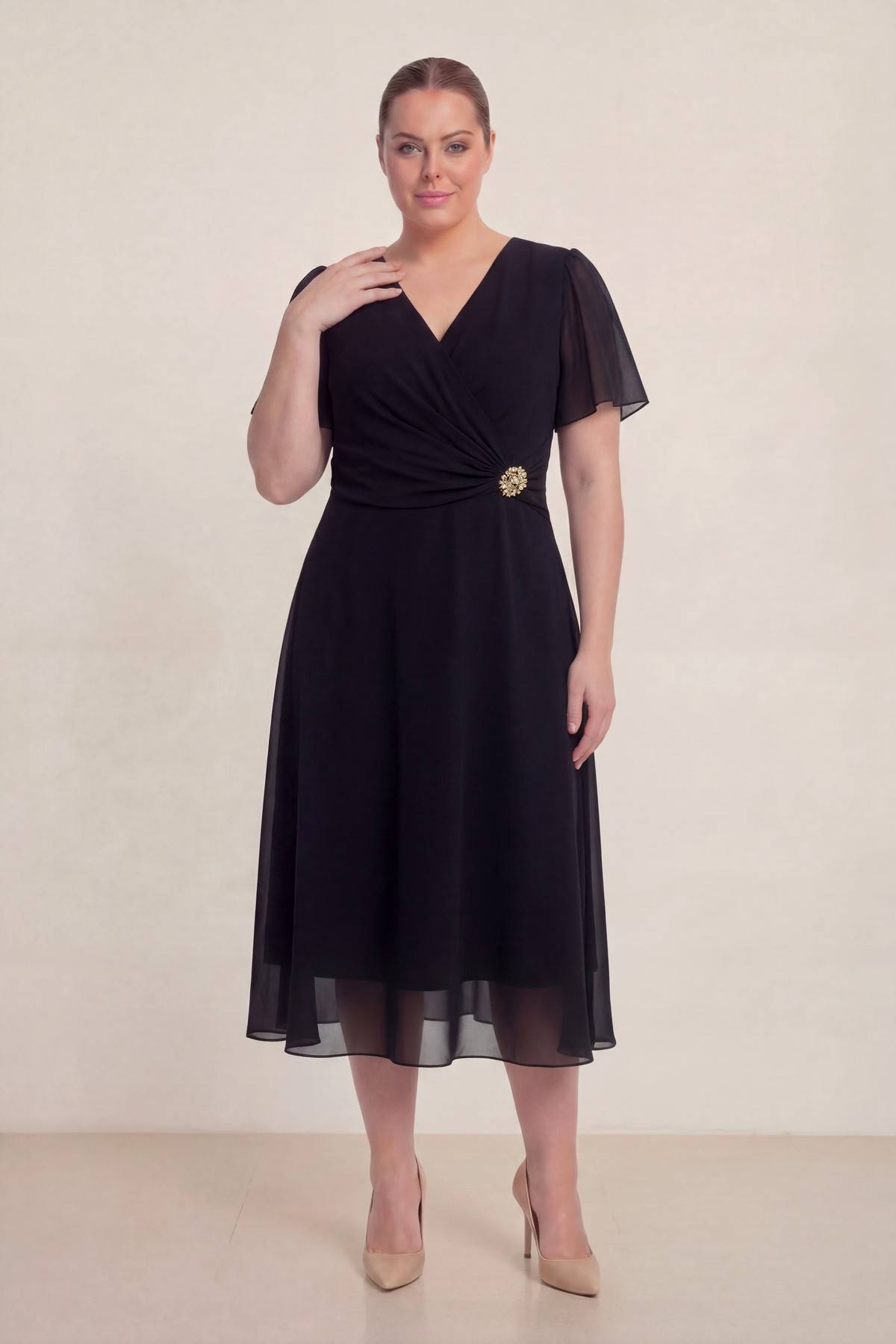 Siyah Büyük Beden Şifon Midi Elbise