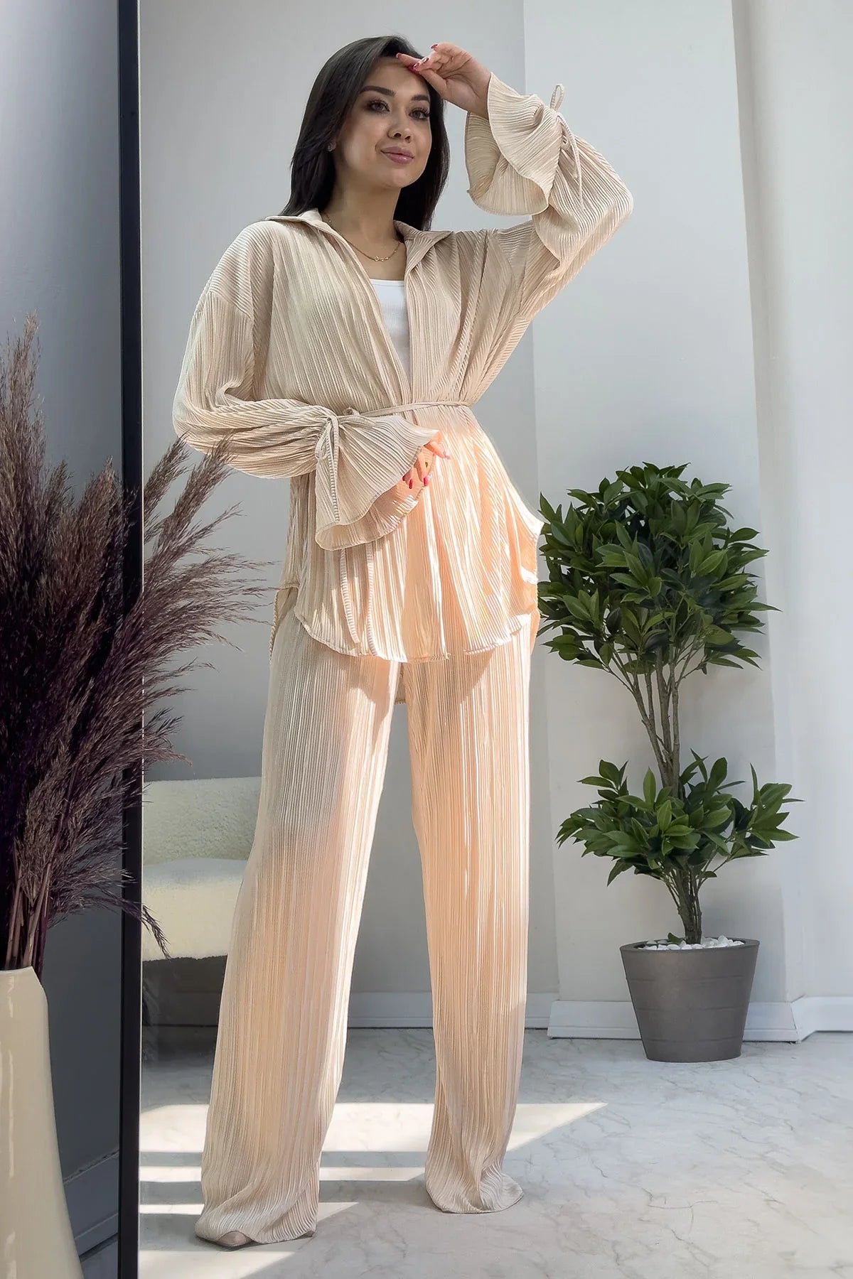 Kadın Bej Krinkıl Fitilli Kimono Pantolon Takım