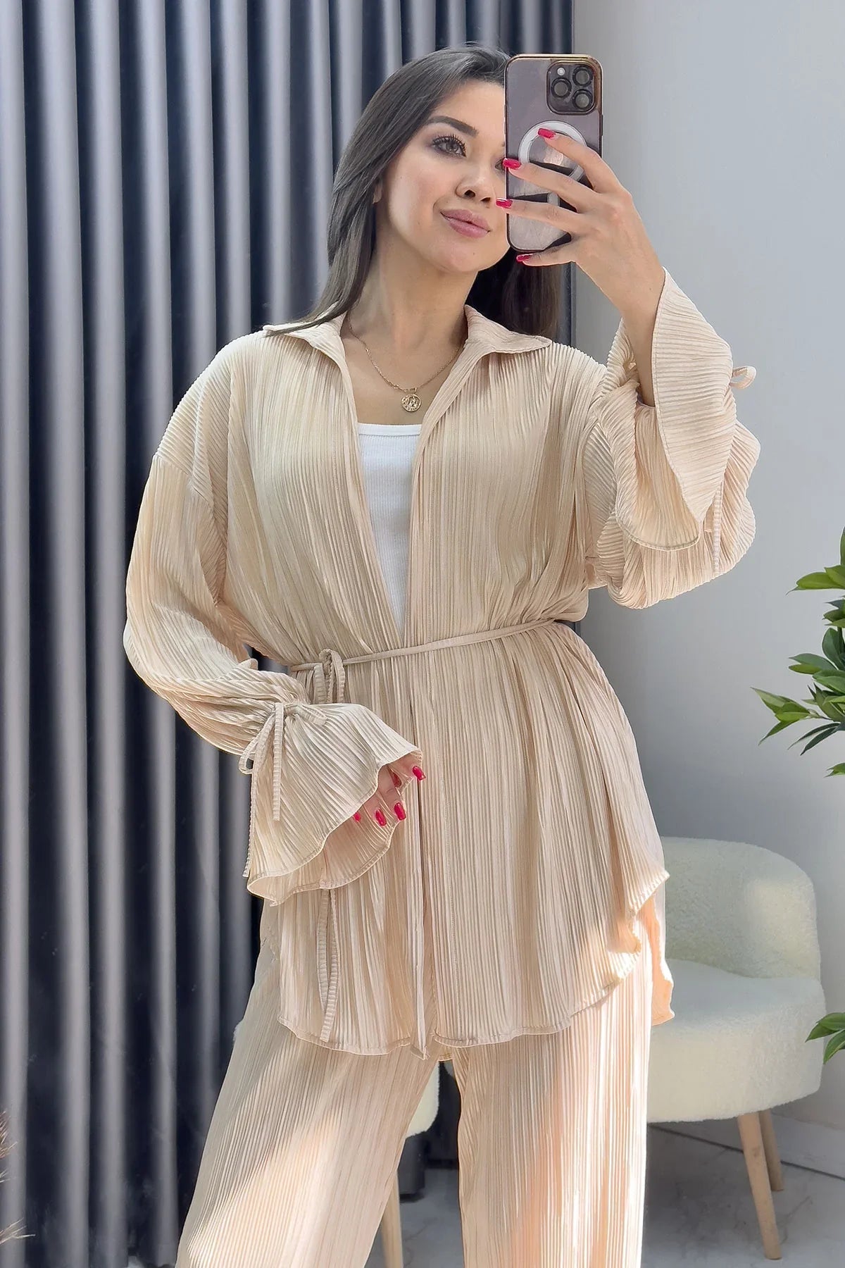 Kadın Bej Krinkıl Fitilli Kimono Pantolon Takım