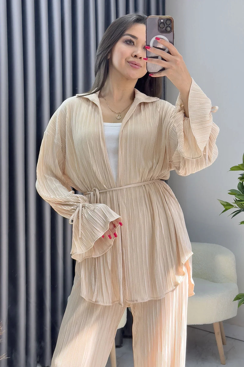 Kadın Bej Krinkıl Fitilli Kimono Pantolon Takım