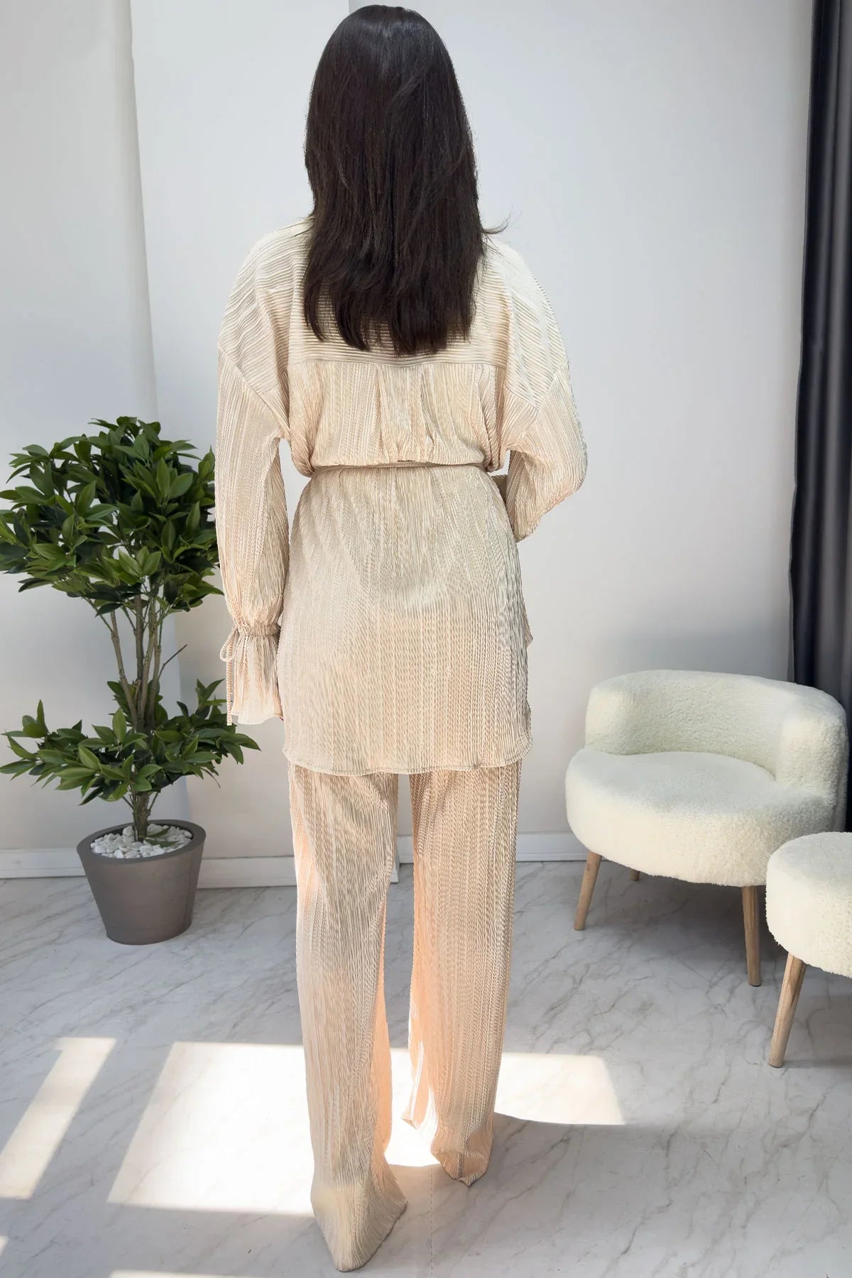 Kadın Bej Krinkıl Fitilli Kimono Pantolon Takım