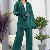 Kadın Zümrüt Krinkıl Fitilli Kimono Pantolon Takım