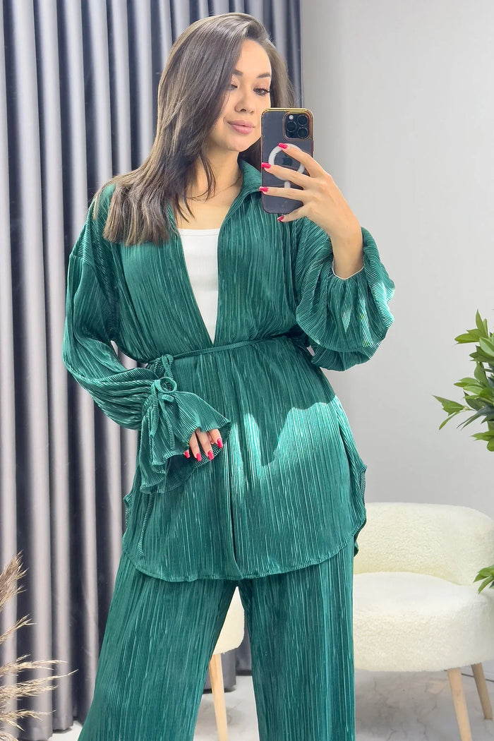 Kadın Zümrüt Krinkıl Fitilli Kimono Pantolon Takım