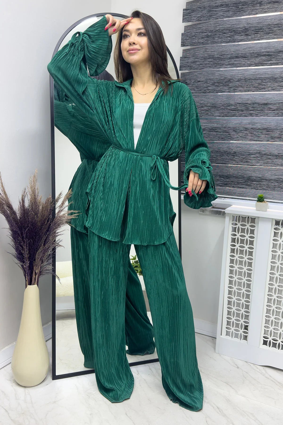 Kadın Zümrüt Krinkıl Fitilli Kimono Pantolon Takım