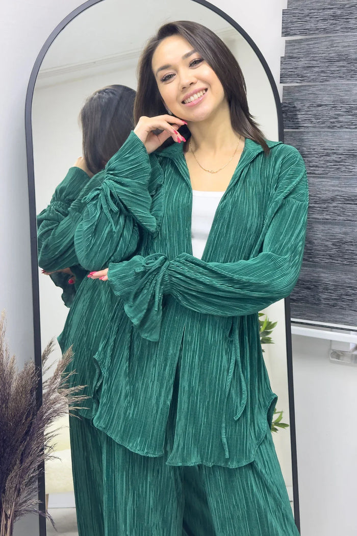 Kadın Zümrüt Krinkıl Fitilli Kimono Pantolon Takım