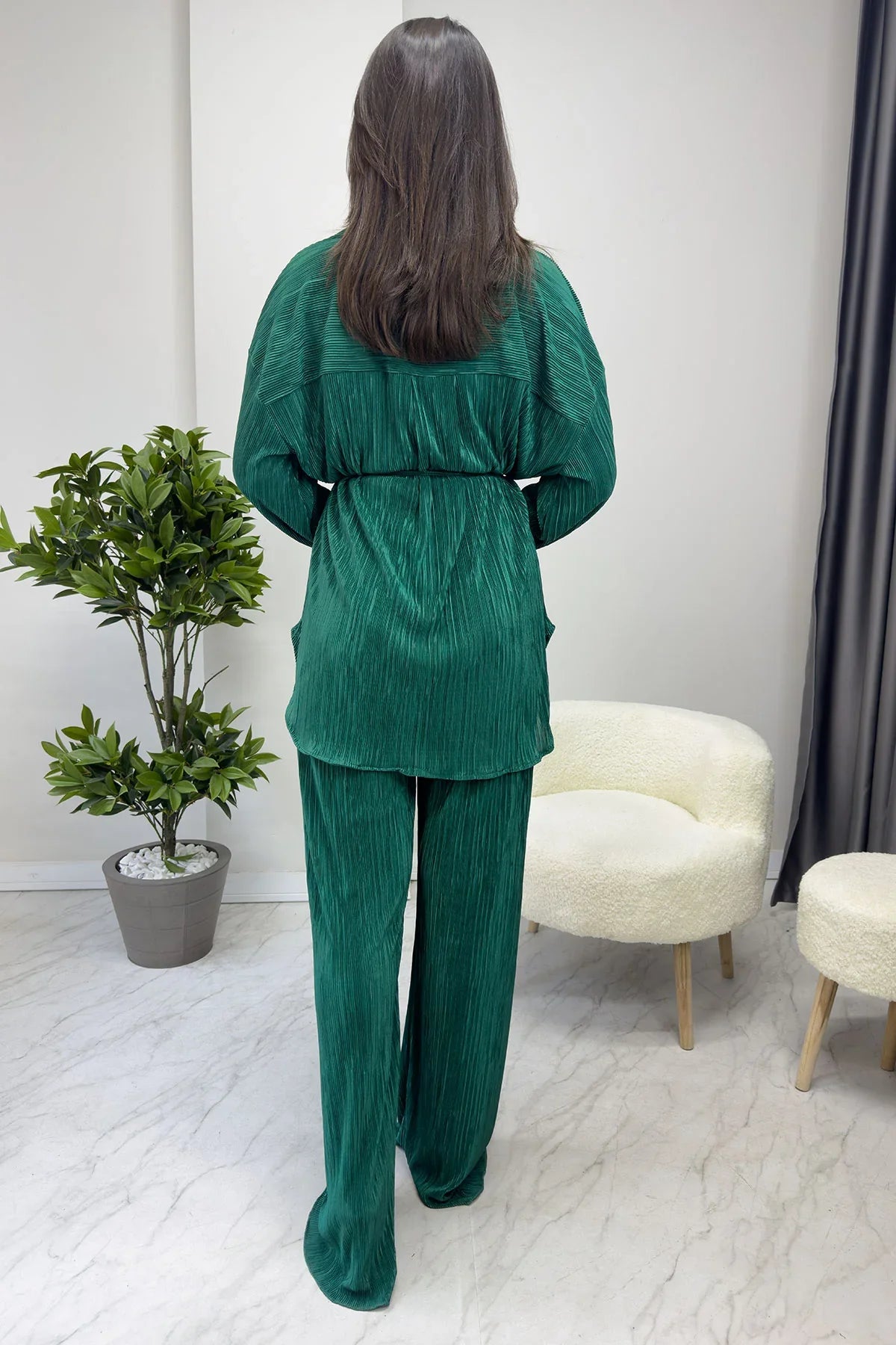Kadın Zümrüt Krinkıl Fitilli Kimono Pantolon Takım