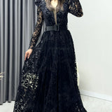 Siyah Flok Baskı Kemerli Büyük Beden Abiye Elbise