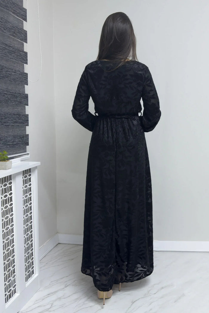 Siyah Flok Baskı Kruvaze Yaka Elbise

