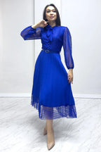 Saks Boyundan Bağlamalı Fransız Güpür Piliseli Abiye Elbise

