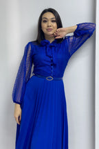 Saks Boyundan Bağlamalı Fransız Güpür Piliseli Abiye Elbise

