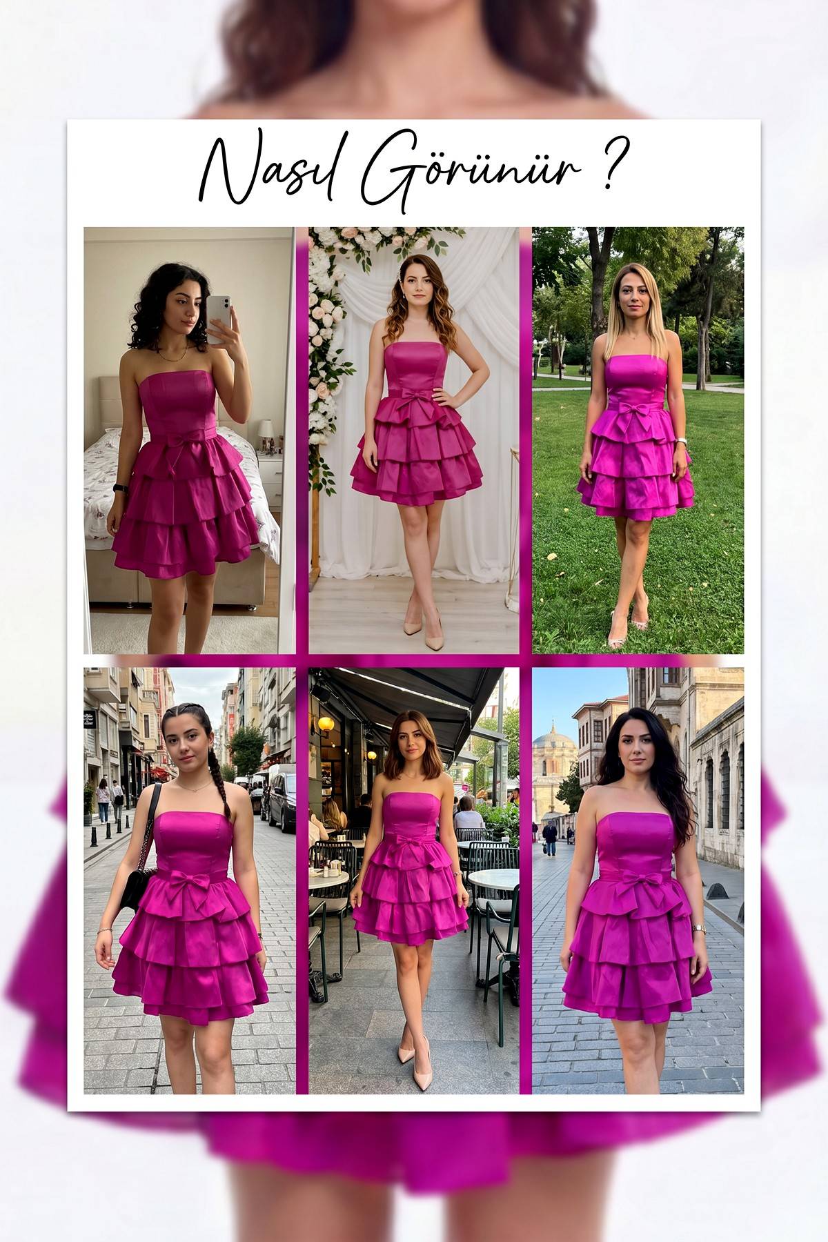 Fuşya straplez fırfırlı kısa abiye elbisenin farklı mekanlardaki kullanımını gösteren kolaj görsel