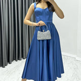 İndigo Gloplu Sırtı Bağcıklı Saten Askılı Midi Abiye Elbise