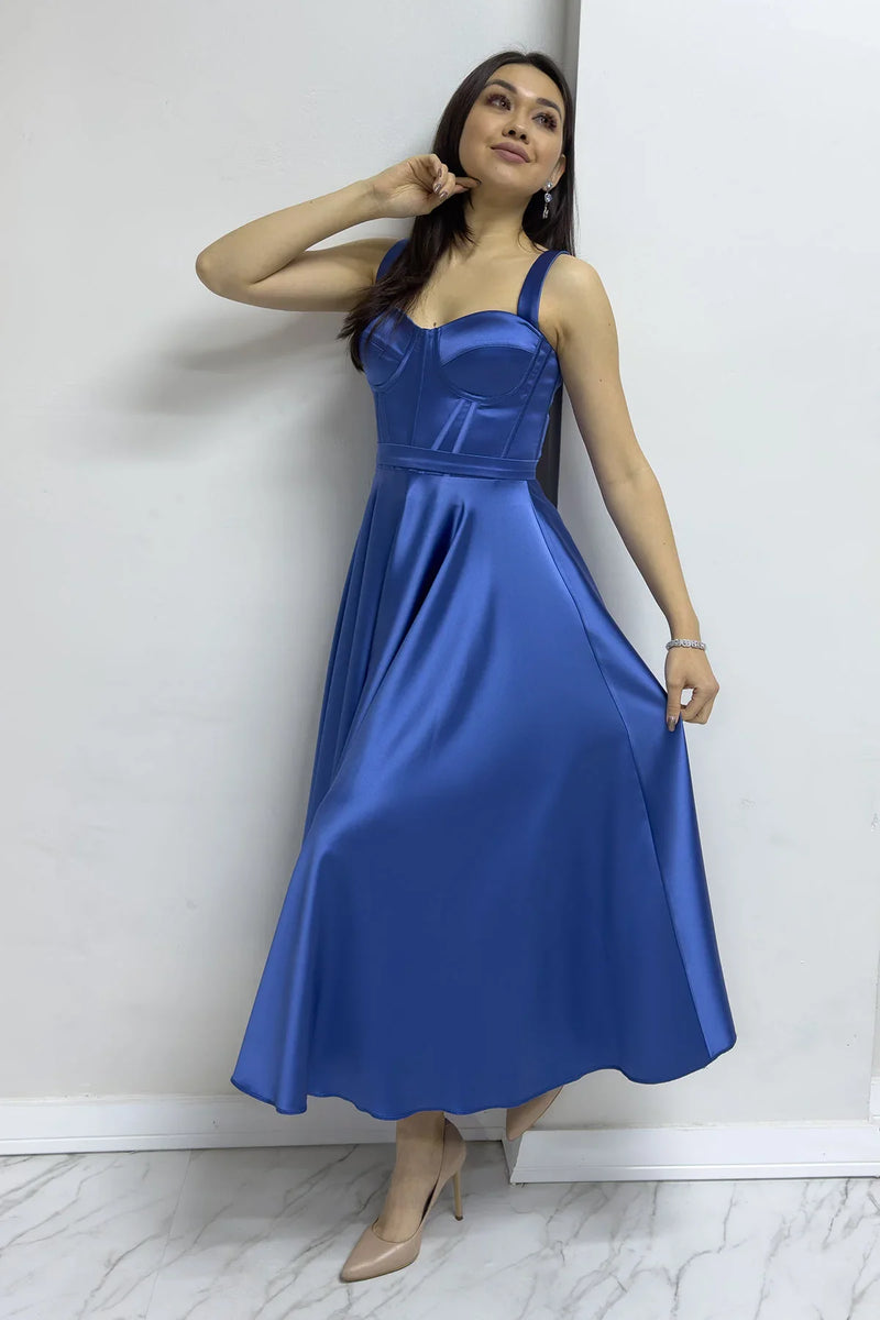 İndigo Gloplu Sırtı Bağcıklı Saten Askılı Midi Abiye Elbise

