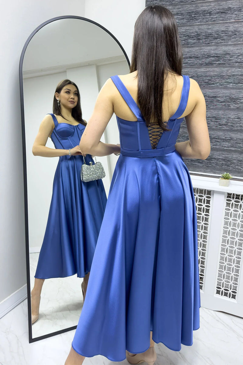 İndigo Gloplu Sırtı Bağcıklı Saten Askılı Midi Abiye Elbise

