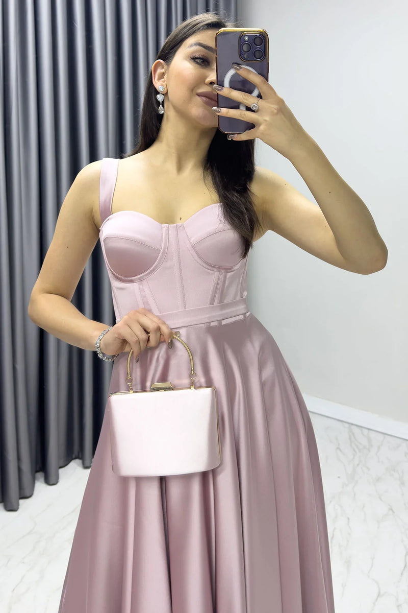 Pembe Gloplu Sırtı Bağcıklı Saten Askılı Midi Abiye Elbise

