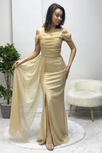 Gold Askılı Düşük Omuz Yırtmaç Detay Abiye Elbise - the ZKS