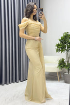 Gold Askılı Düşük Omuz Yırtmaç Detay Abiye Elbise - the ZKS