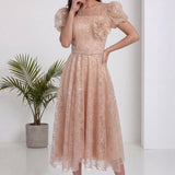 Gold Dantel Balon Kol Midi Abiye Elbise