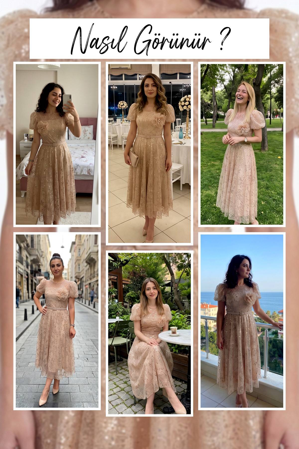 Farklı mekanlarda giyilmiş The ZKS gold dantel balon kol midi abiye elbise kombinleri