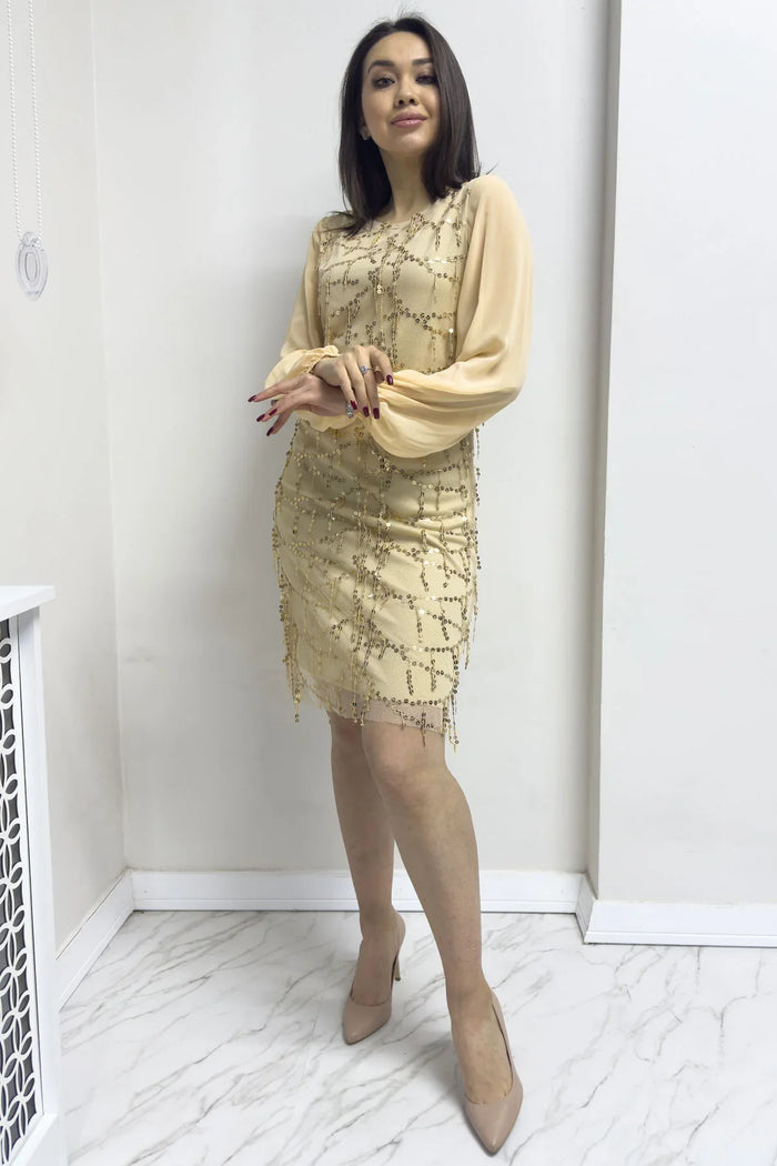 Gold Kadın Büyük Beden Şifon Pulpayet Abiye Elbise

