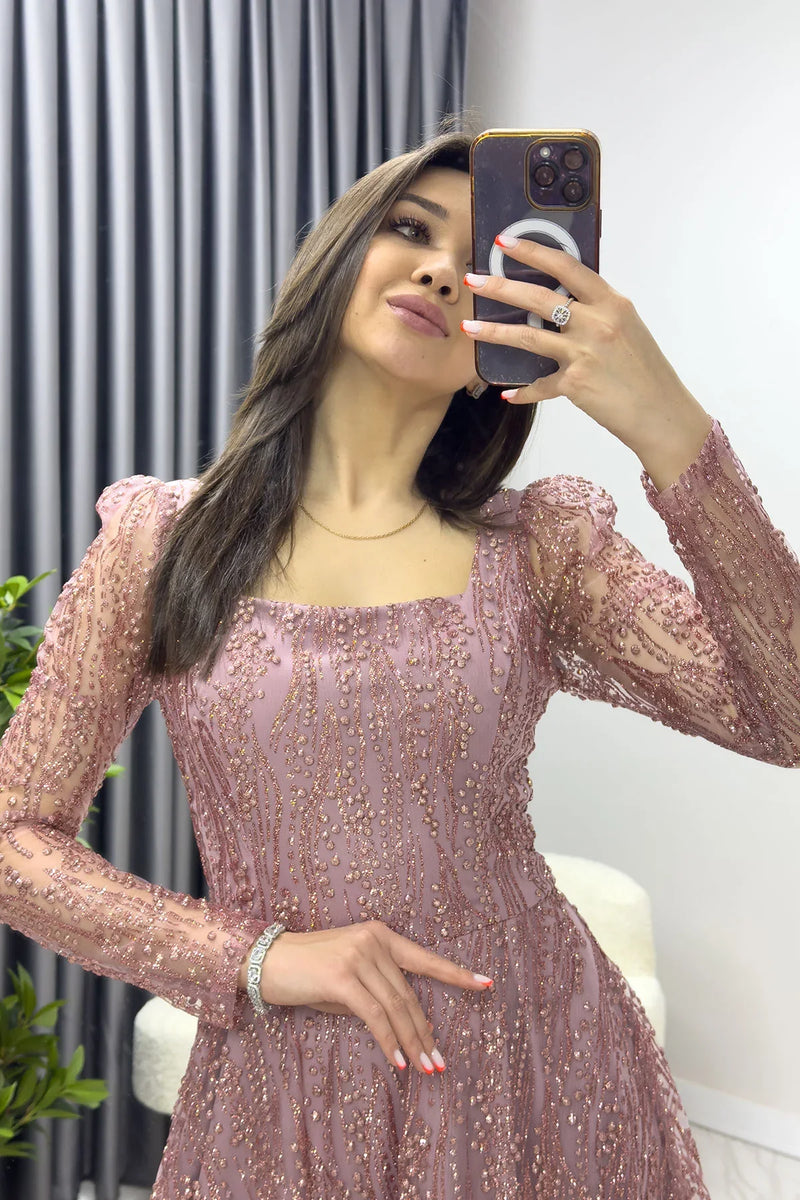 Pudra Kare Yaka Simli Nakışlı Kloş Abiye Elbise