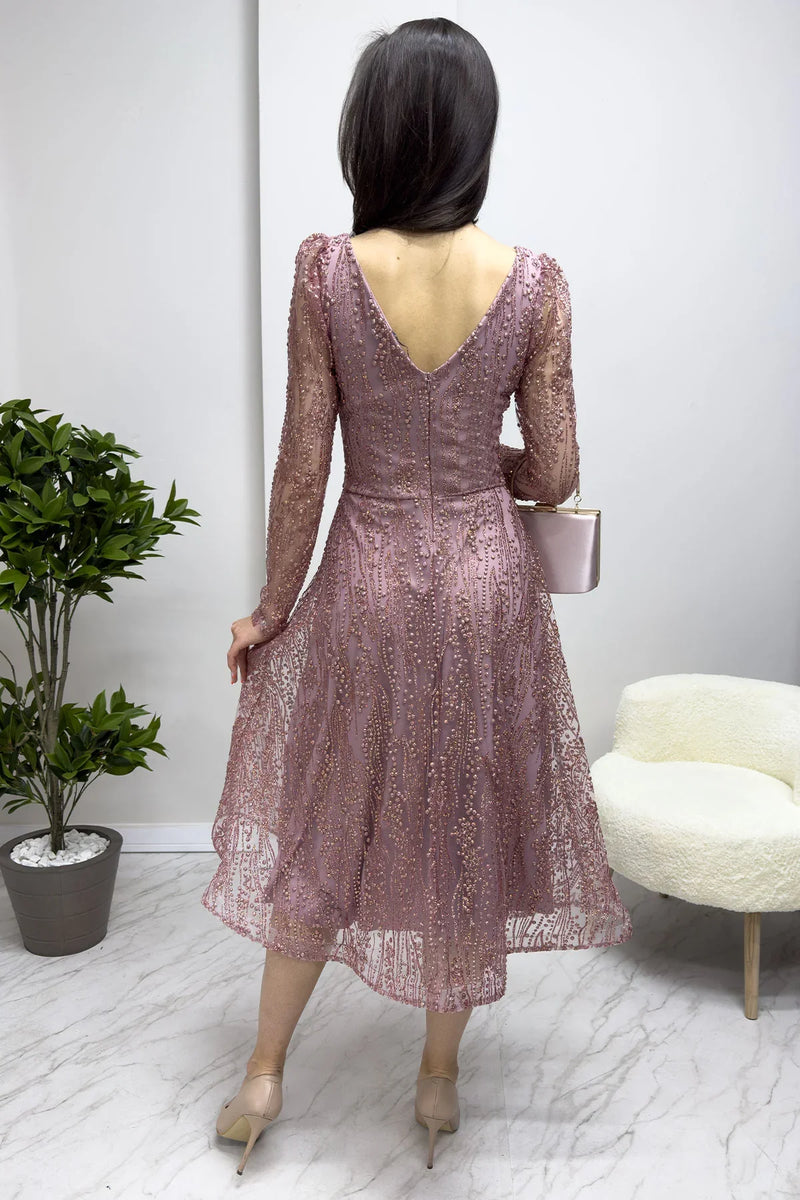 Pudra Kare Yaka Simli Nakışlı Kloş Abiye Elbise