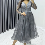 Gri Gloplu Kloş Kemerli Abiye Elbise