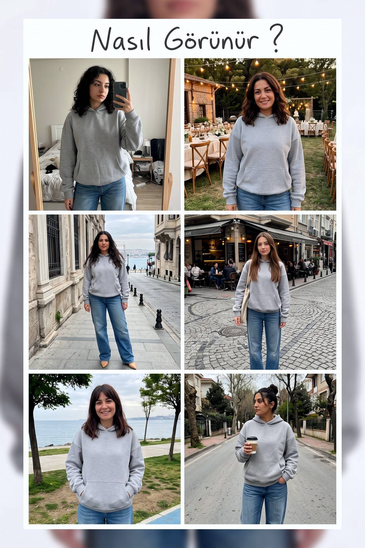 Kullanıcılar için The ZKS gri kapüşonlu sweatshirt'ün farklı ortamlardaki görünümlerini gösteren kolaj