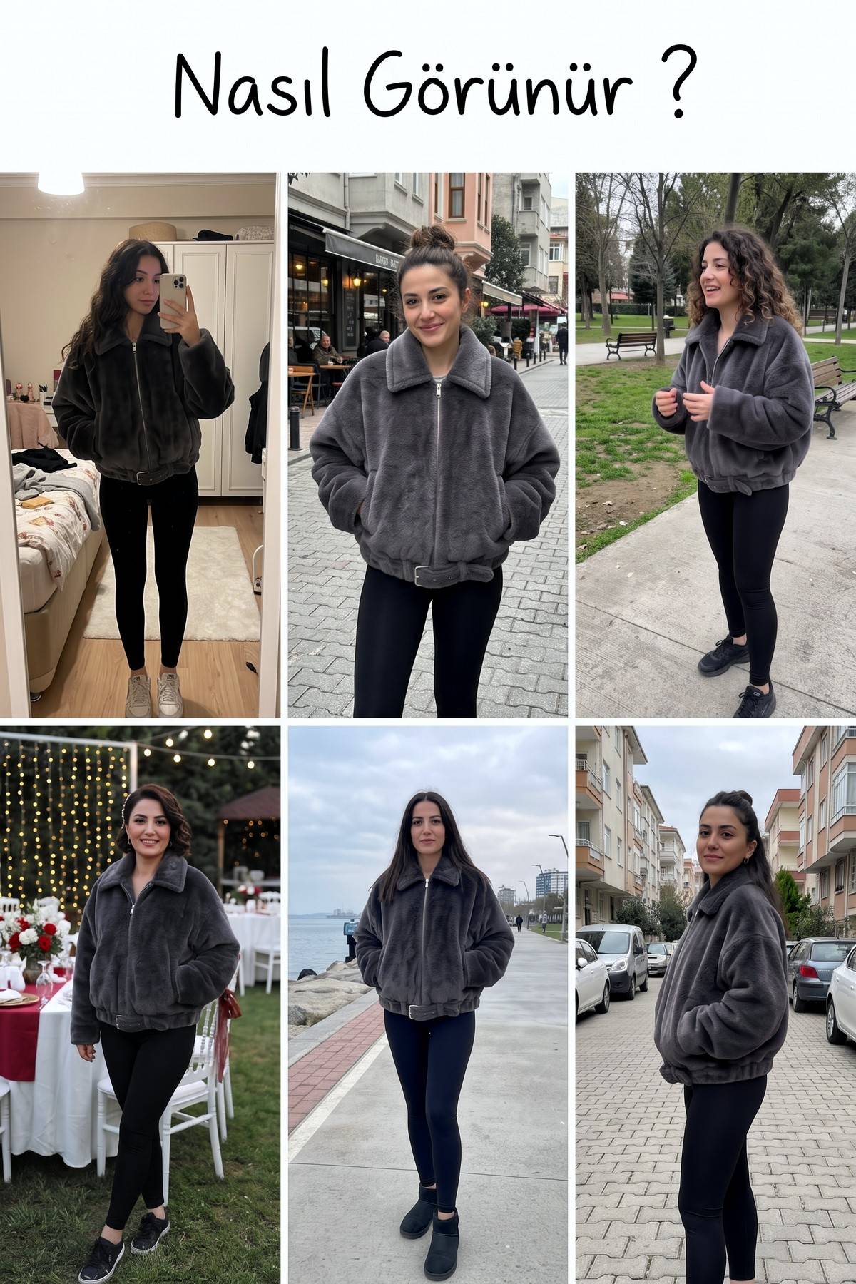 Farklı mekanlarda giyilmiş gri The ZKS fermuarlı bomber ceket kombinleri, modelin duruşları