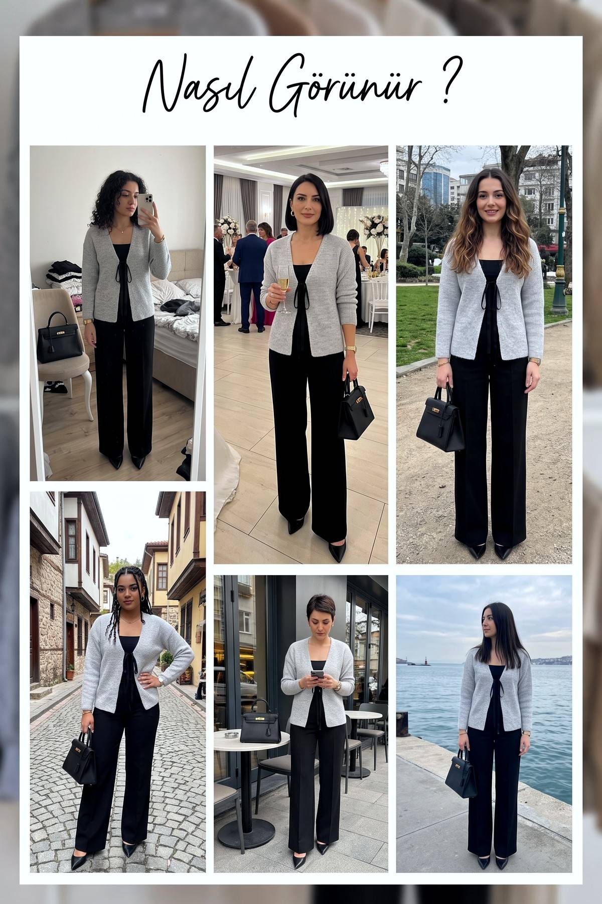 The ZKS gri triko hırka farklı kombinlerde ve mekanlarda kullanımını gösteren kolaj