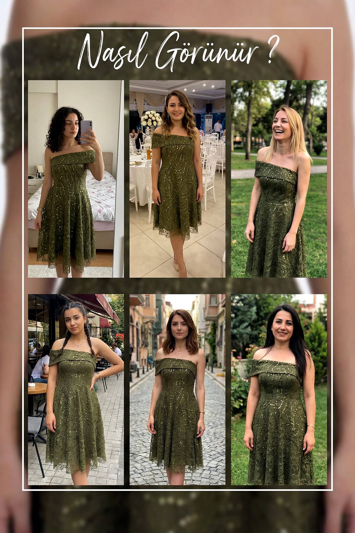 The ZKS haki kloş abiye elbise, farklı modellerde ve ortamlarda giyim önerileri