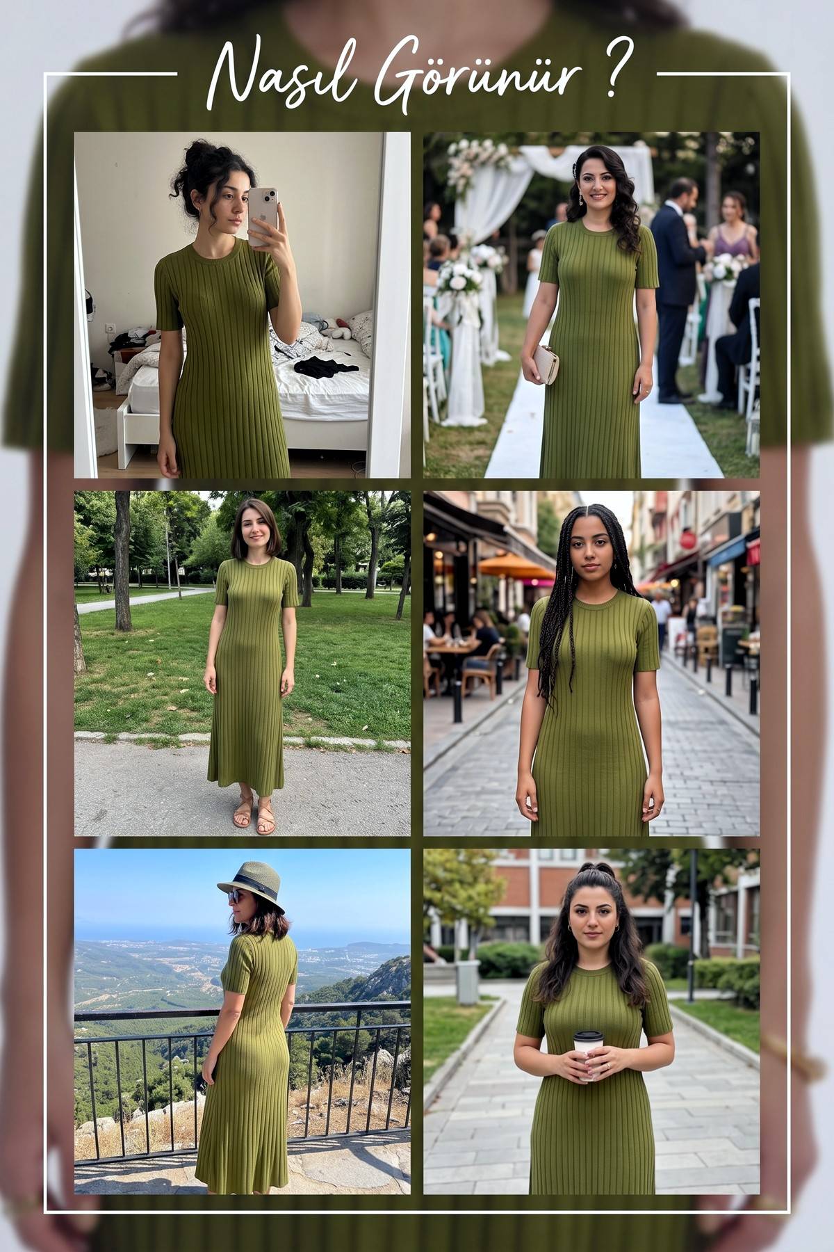 Farklı mekanlarda giyilmiş haki triko midi elbise kombinleri